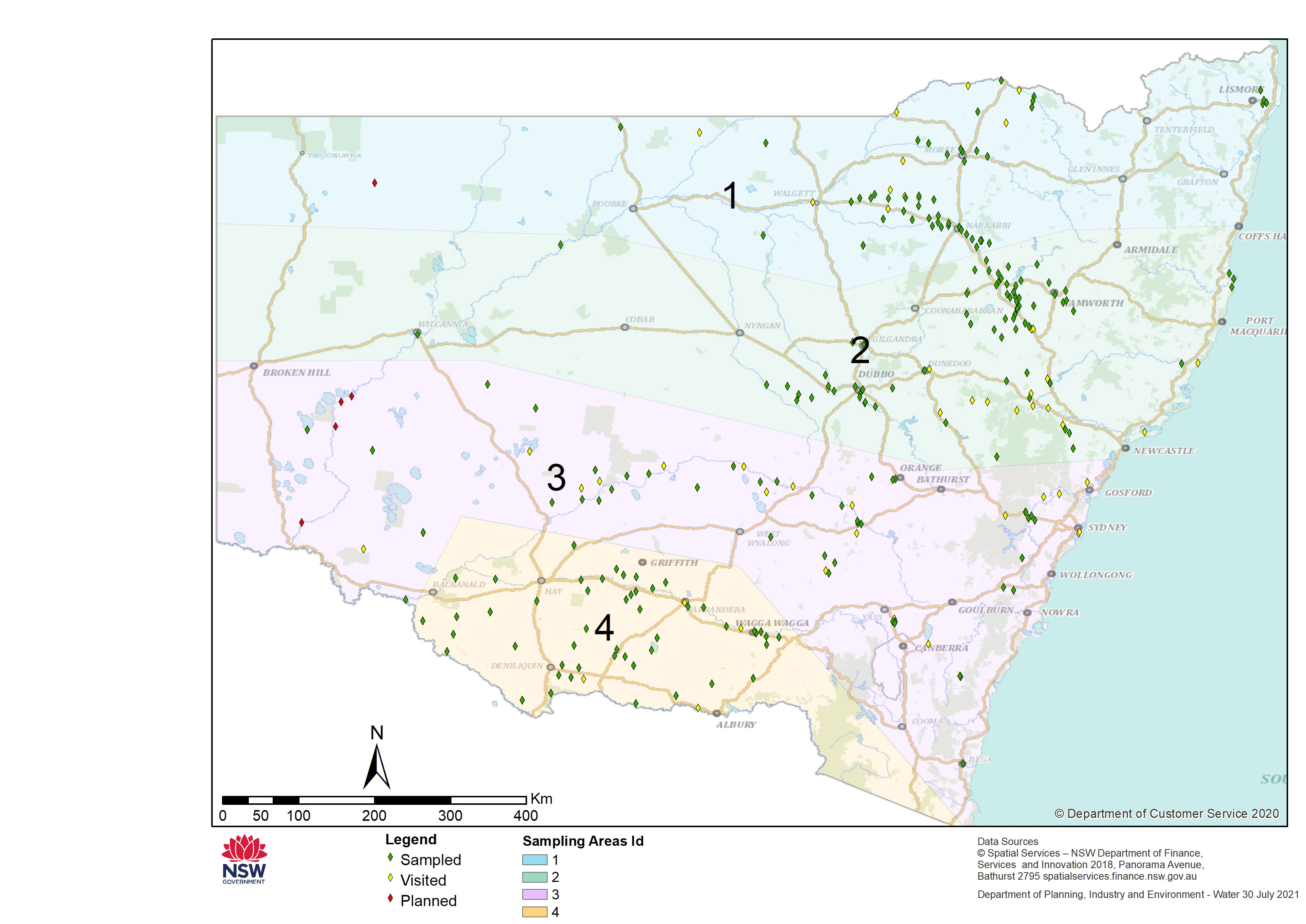 Map of groundwater areas and locations planned to be visited, those actually visited and those where groundwater samples were taken.