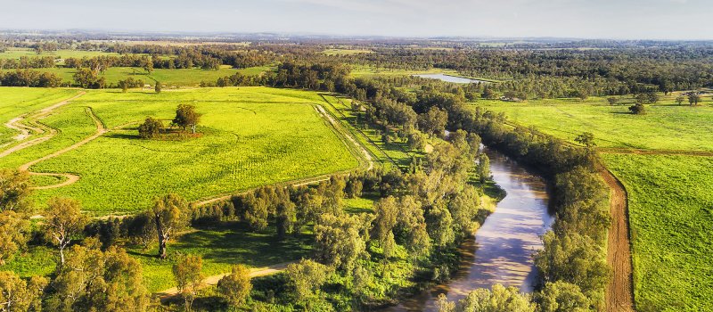 Macquarie river flowing trough Dubbo city in Australian Great Western plains - aerial view in bright sun light over irrigated agriculture farms.