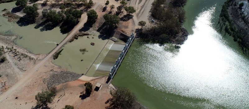 Aerial from a drone flying over the Menindee Lakes Weir.