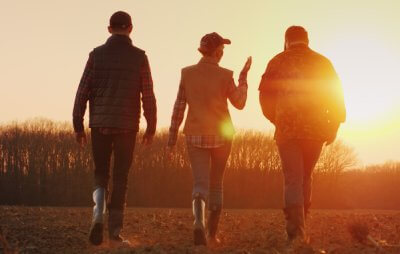 People walking into a sunset