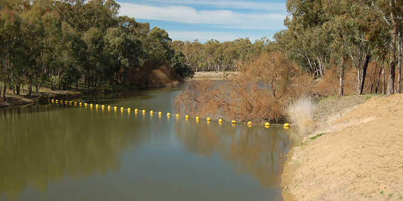 River with yellow buoys running across it