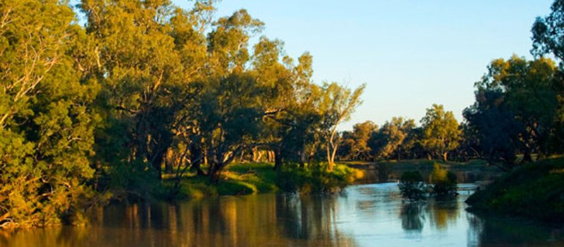 Darling River with reflections on the water and tree either side