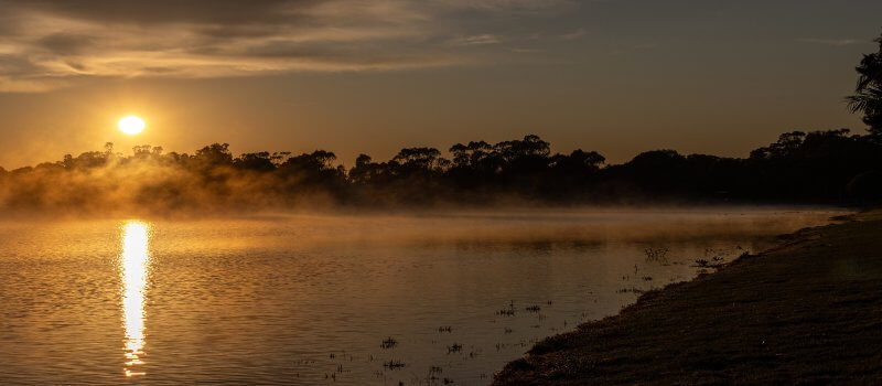 A misty sunrise over Gum Bend Lake, Condobolin, NSW.