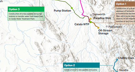 Investigative areas map for Tamworth pipelines and off-river storage project.