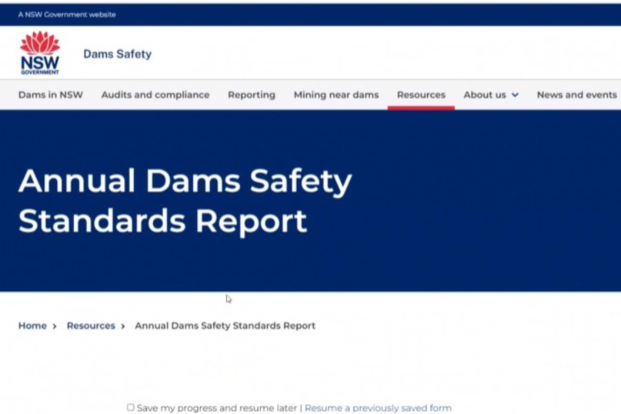 Website page showing Annual Dams Safety Standards Report