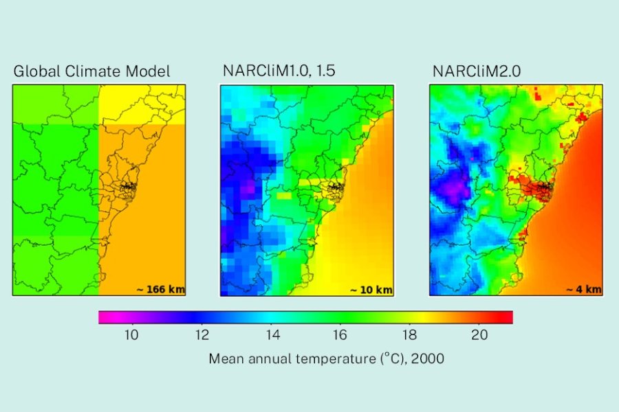 Comparison of the resolution of original coarse climate model to much more detailed NARCliM 2.0