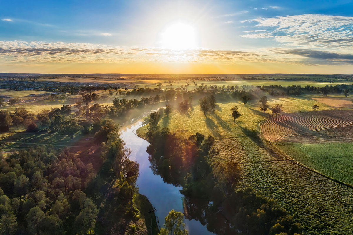 Aerial of Macquarie River at sunset