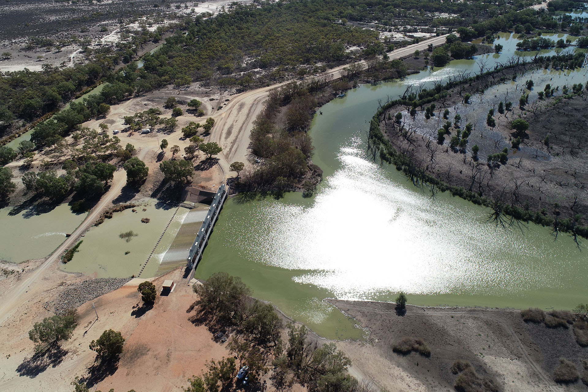 Aerial view of Menindee Lakes. Circular green lake with sand road and mangroves around it