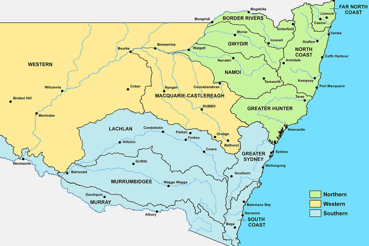 Water regions map showing southern, northern and western region in blue, green and orange. 