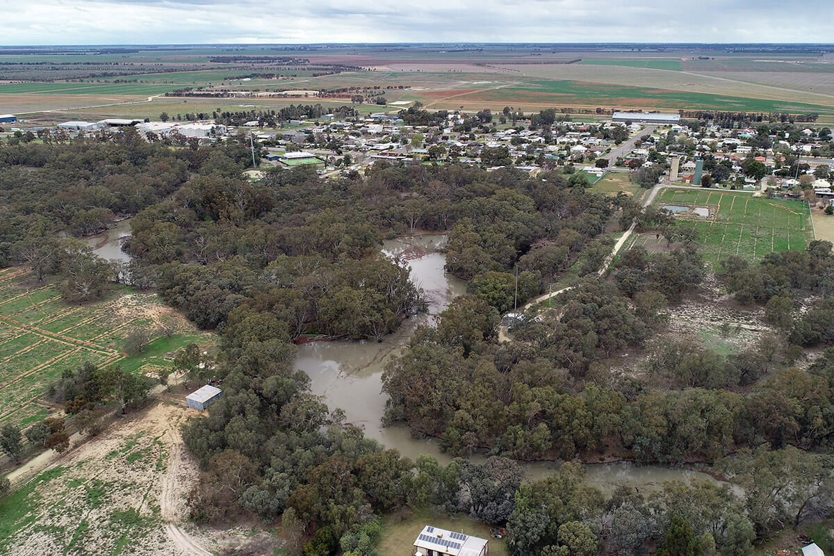 Aerial view of 	Billabong Creek at Jerilderie
