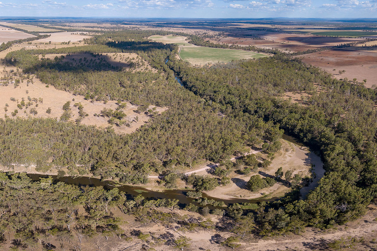 aerial photo of a dry river bed surrounded by trees