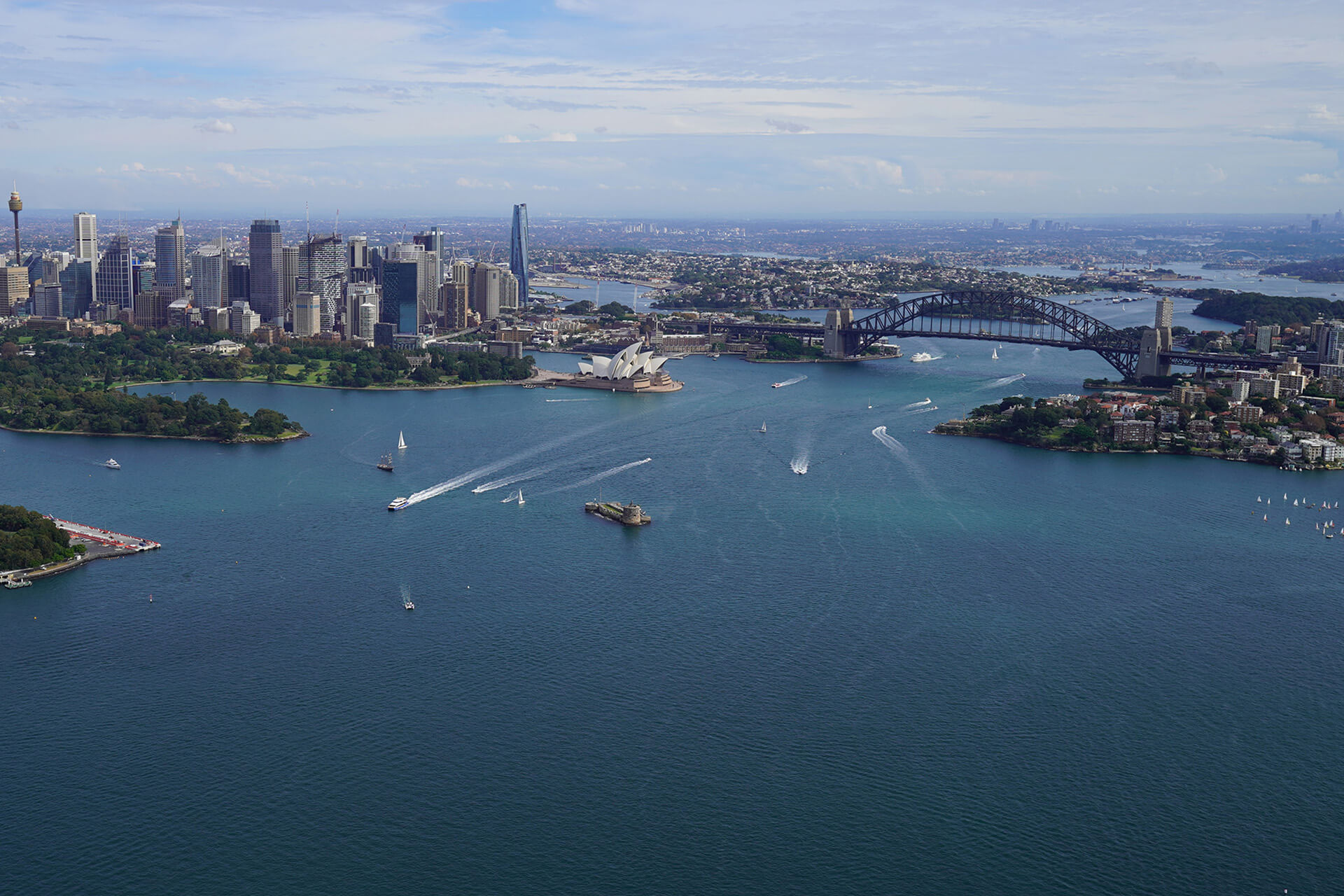 An aerial photo of Sydney Harbour. The water is vivid blue and trees and buildings line the shore. There are tall skyscrapers to the left and the Sydney Opera House and Sydney Harbour Bridge are in the middle