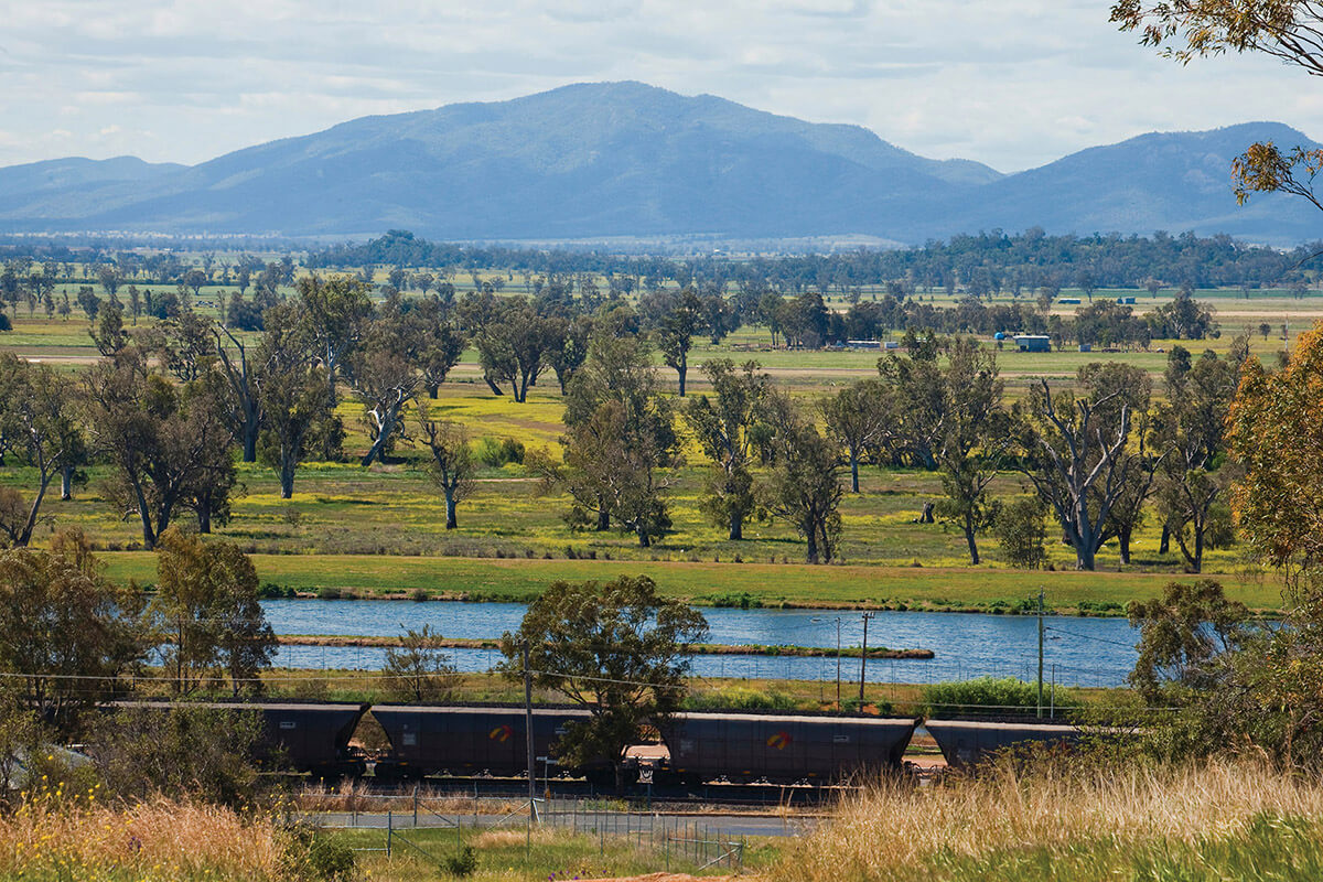Fields with trees and mountains in the background. In the foreground is the Namoi River at Gunnedah