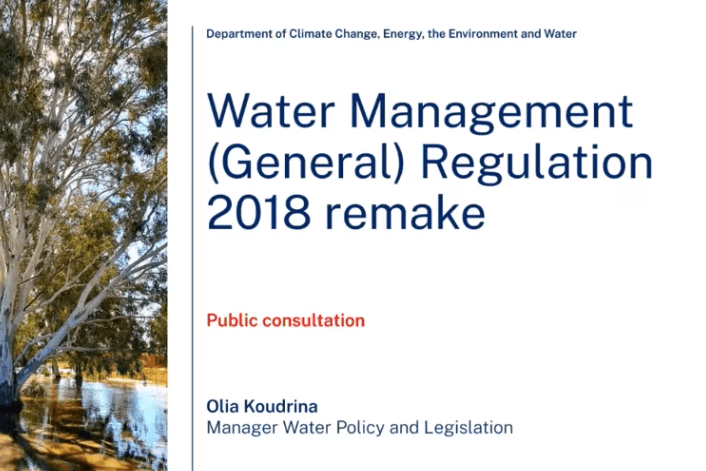 A photo of a slide from the Water Management (General) Regulation 2018 remake. There is a photo of a large gum tree on the left