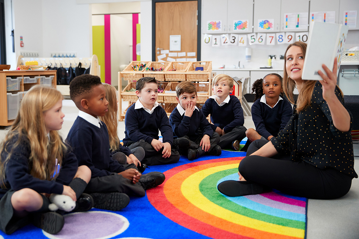 A group of children sitting on a rainbow rug in a classroom. A woman holds up a book and reads to them