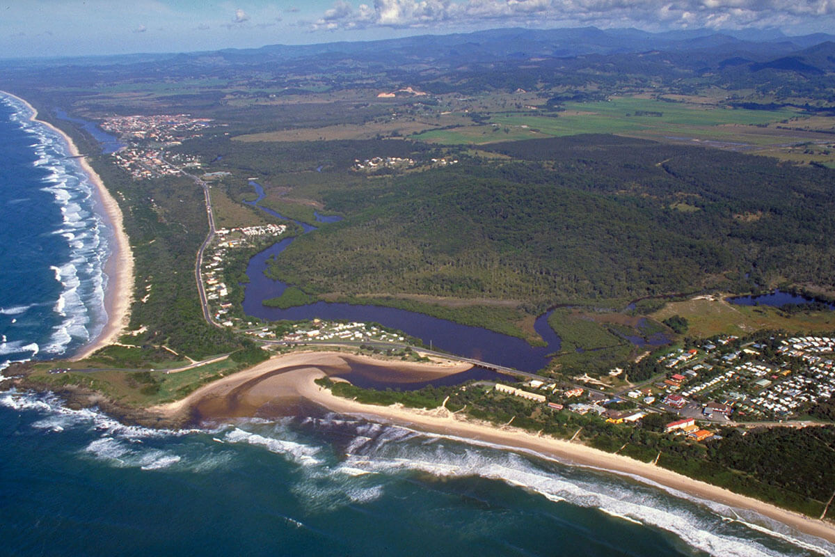 Aerial view of the coast and Cudgera Lake